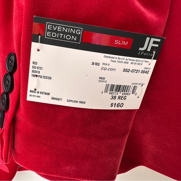 J Ferrar JF Men's Evening Edition Red Velvet Blazer Jacket Coat 38R Slim Fit - Picture 3 of 8